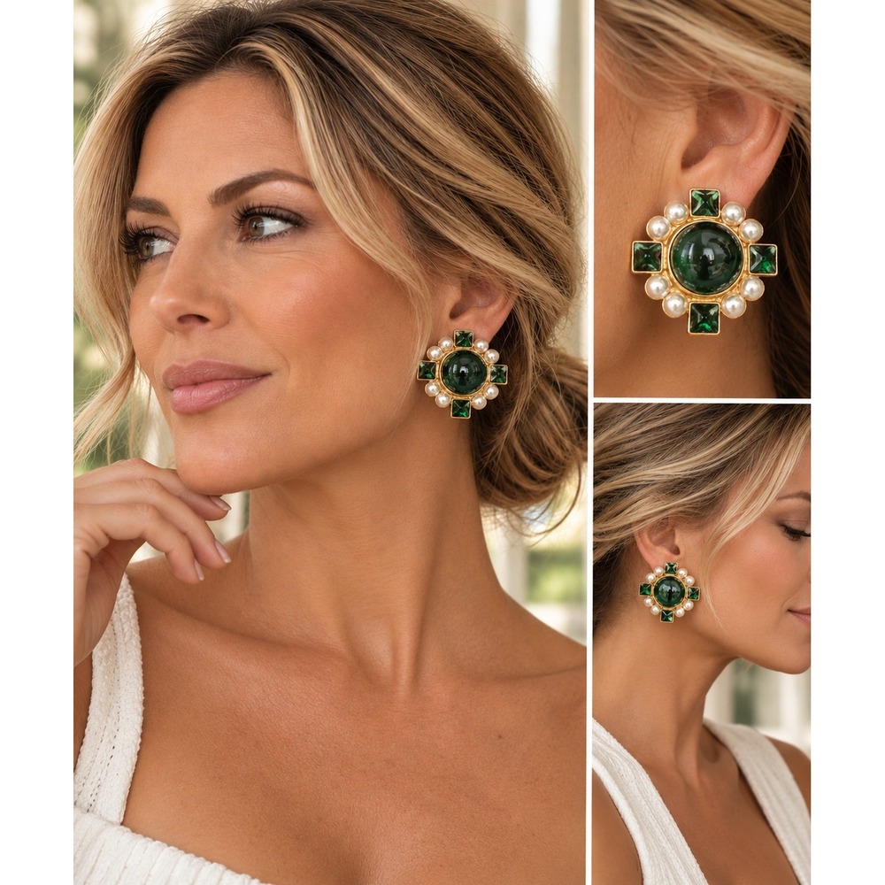 Kovonchy Green Glass Cabochon Faux Pearl Gold Tone Button Stud Earrings Classic
